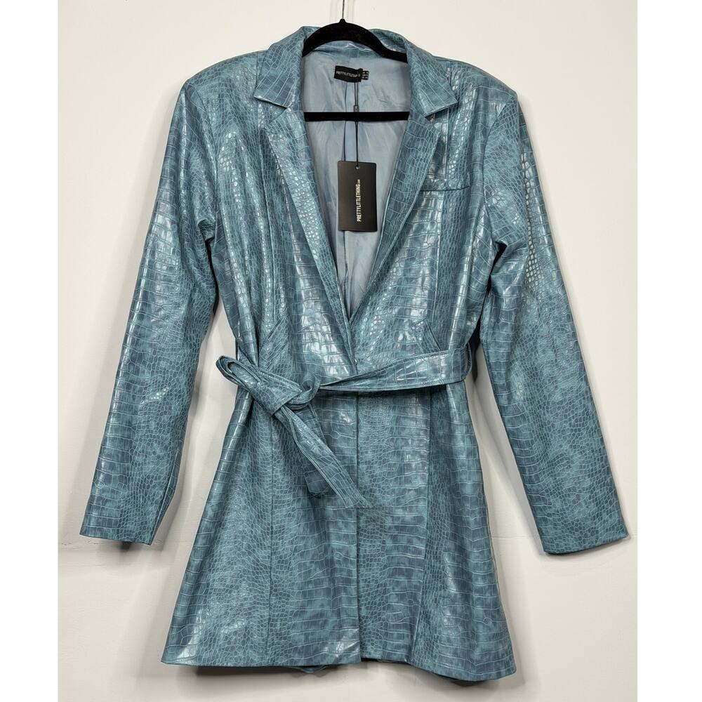 PrettyLittleThing Pale Blue Croc PU Trench Coat / Blazer Dress / Size-12
